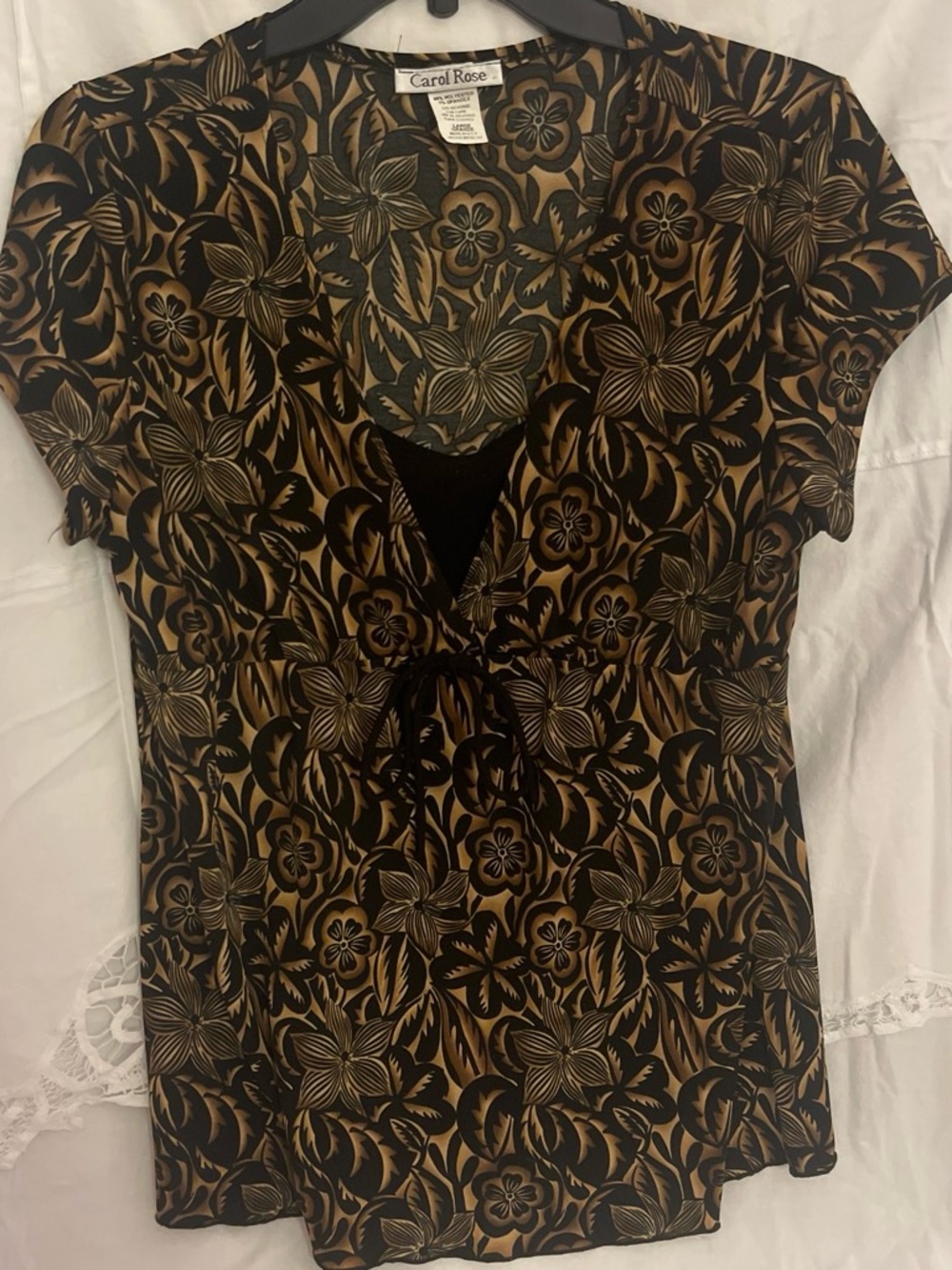 Carol Rose Black and Tan Floral V-Neck Tie-Front Blouse